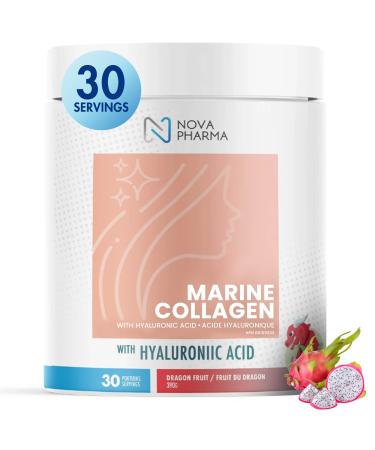NOVA PHARMA Marine Collagen Powder with Hyaluronic Acid - Hydrolyzed Collagen Peptides Protein Powder Supplement for Anti-Aging Skin Health Nail & Hair Growth 30 Servings (Dragon Fruit)