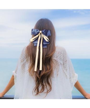 Bow Hair Clip Solid Color French Barrette with Long Silky Satin French Bow Hair Clip Soft Satin Silky Hair Bows Cute Gifts for Women Girls Stylish Trendy Hair Clips for All Occasions (A) - Buy Online on GoSupps.com