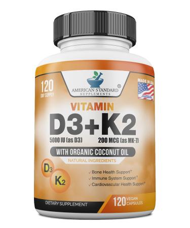 Vitamin D3 K2 (MK-7)  Vitamin D3 (5000IU) + K2 (MK-7) 200mcg w/ Organic Coconut Oil  Vitamin D3 + K2  Vitamin D3 + K2  Vitamin K2 D3  Immune & Bone Health  No Fillers  Made In USA  120 Veggie Capsule