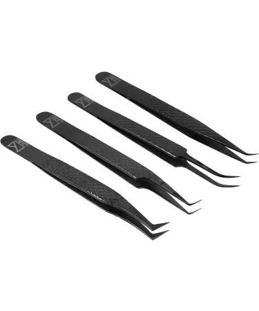 Set of 4 Diamond Grip Nano Fiber Tip Eyelash Extension Tweezers - Japanese Steel Lashes Tool (Black) - Buy Online on GoSupps.com