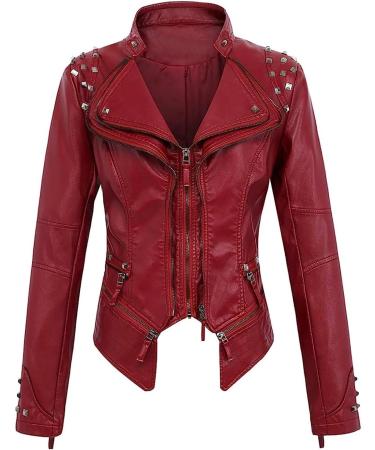 oelaio Women's Leather Long Sleeved Short Lapel Jacket Jacket Jacket Wine X-Small - Buy Online on GoSupps.com