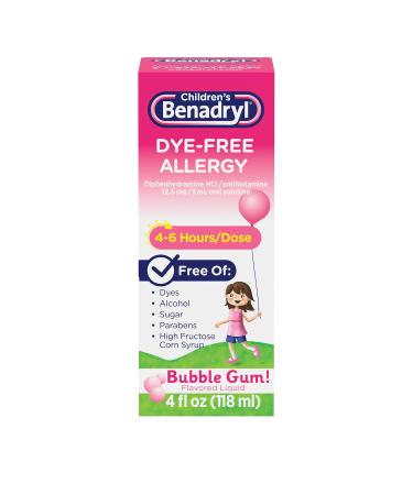 Children's Benadryl Dye-Free Allergy Liquid, Diphenhydramine HCl, Bubble Gum, 4 fl. oz 4 Fl Oz (Pack of 1)