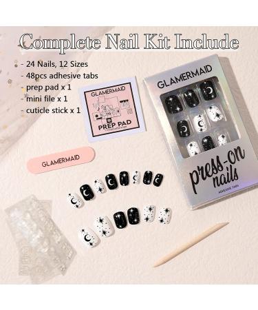 GLAMERMAID Black White Stars Press On Nails - 24 Pcs Short Round Fake Nails | Squoval UV Acrylic False Nail Kit for Women | Reusable Full Cover Static Nails - Buy Online on GoSupps.com