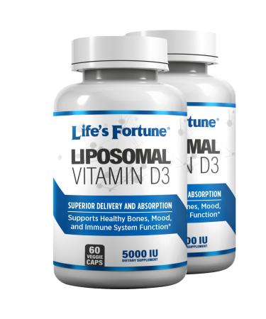 Life's Fortune Liposomal Vitamin D3 5000 IU Supplement Non-GMO High Absorption Supports Healthy Bones Mood and Immune System Function 60 (2 Pack) Caps