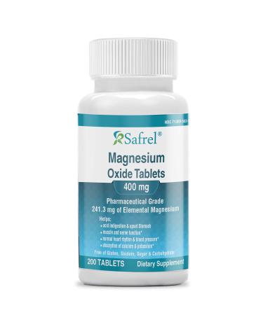 Safrel Magnesium 400mg High Potency Supplement Magnesium Oxide for Immune Support Muscle Recovery Leg Cramps Relaxation - 200 Tablets Unflavored 200 Count (Pack of 1)