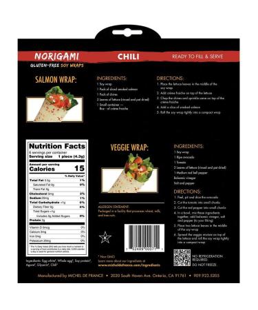Norigami Egg Wraps Soy Protein - High Protein Low Carb Vegetarian Wraps - Ready To Fill & Serve - Kosher Non GMO Gluten Free - 6 Soy Wrap Chili Packs - Buy Online on GoSupps.com