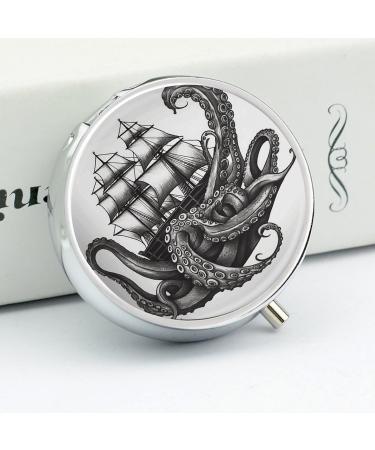 Round Black & White Octopus & Ship Print Pill Box - 3 Compartment Decorative Metal Organizer | Portable Pocket Size - Buy Online on GoSupps.com