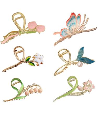 6Pcs Hair Claw Clips for Women Flower Large Non-Slip Strong Metal Butterfly Flower Mermaid Hair Clips Sparkly Hold Hair Jaw Clips Cute Hair Claws Big Butterfly Clips 6Pcs Clips
