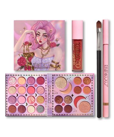Rose Girl Theme Eyeshadow Palette Set Contains a 28-color eyeshadow palette/a lipstick/a brush/a lip liner Non-Pick Skin Tone No Smudging Even In Water And Sweat KEVIN&COCO