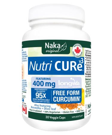 Naka Nutri Cure V3 Featuring 400mg Longvida Curcumin 95x More Bioavailable plus Boswellia and Olive-leaf Made in Canada (30 Veggie Caps)