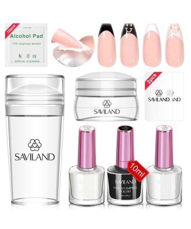 Saviland French nails stamp kit - 10 partly French nail stamp kit with 2 specific nail stamp gel nail polishes pull -off latex band nail scrap and replaceable nail stamp head