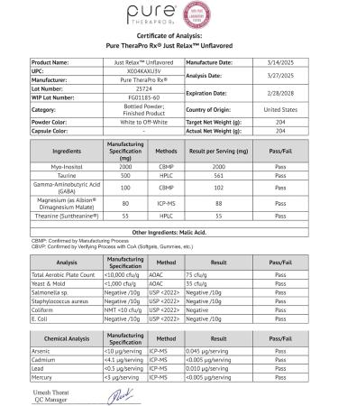 Pure Therapro Rx Just Relax Unflavored - 60 Servings | Supports Relaxed Mood & Healthy Blood Pressure | Myo-inositol Di-Magnesium Malate GABA Taurine & L-Theanine Unflavored 7.2 Ounce (Pack of 1) - Buy Online on GoSupps.com