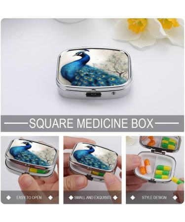Blue Peacock Print Pill Box - 2 Compartment Decorative Metal Pill Organizer for Travel - Portable Medicine Case - Buy Online on GoSupps.com