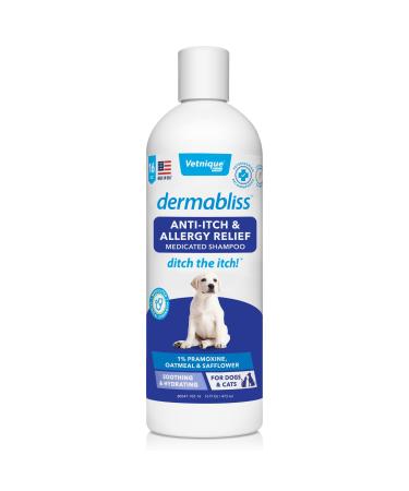 Vetnique Labs Dermabliss Dog Allergy, Anti-Itch and Medicated Shampoos, Sprays and Wipes for Dogs to Relieve Irritated and Itchy Promotes Healthy Coat Itch Relief 16oz Shampoo