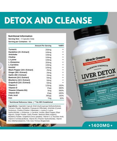 Liver Detox & Repair Complex - 1400mg | 20 Powerful Ingredients with Dandelion, Turmeric, Amino Acids & Vitamins | 120 Capsules - 60 Day Supply - Buy Online on GoSupps.com