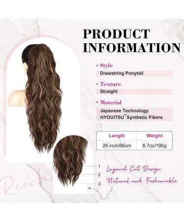 REECHO 26 Long Beach Wave Synthetic Drawstring Ponytail Extension - Chestnut Brown with Highlights - Buy Online on GoSupps.com