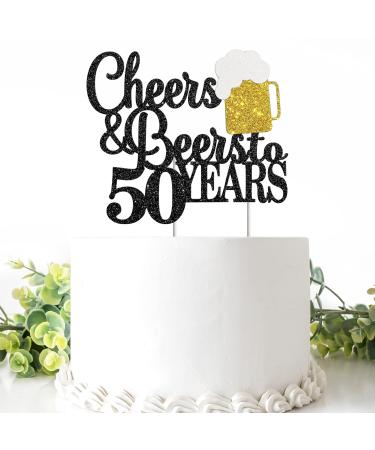 Cheers & Beers to 50 Years Cake Topper Happy 50th Birthday Cake Topper 50th Anniversary Party Supplies Black Glittery