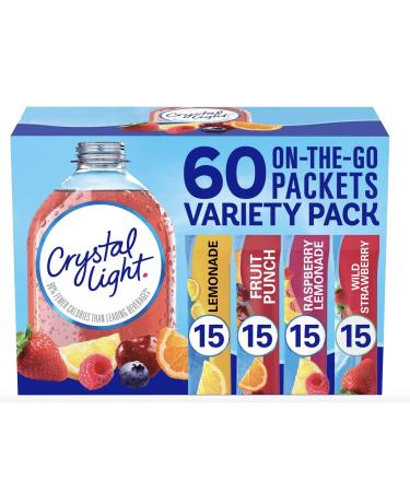 Crystal Light Sugar-Free, Lemonade, Fruit Punch, Raspberry Lemonade and Wild Strawberry On-The-Go Powdered Drink Singles Mix Variety Pack, 60 Count, Each Packet Dissolves into any 16.9 oz. Packaged by TOOZOON