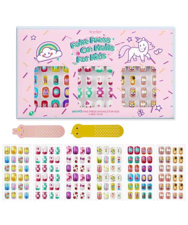 144Pcs Kids Press on Nails Children Girls Press on Short Artificial Fake Nails No fading Stable Quick Stick on Cute Pre Glue Full Cover Acrylic Nail Tip Kit Gift for Kids Nail Decoration (Animal)