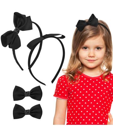 Greoer 2 Pieces Black Ribbon Headband Satin Black Bowknot Hairband with 2 Pieces Black Hair Bows Bow Headband Hair Accessories for Girls for Birthday Daily Decoration Back to School Accessories