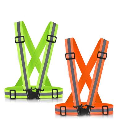 SAWNZC Running Reflective Vest Gear 2Pack, High Visible Reflective Running Vest Adjustable Safety VES for Night Outdoor Running Cycling Motorcycle Dog Walk Jogging Green-orange