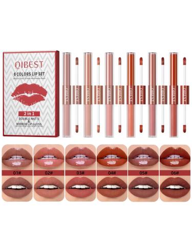 Rechoo 2in1 lipstick set 6Pcs Double Brush Matt glossy lip gloss set for women nude rosa red liquid Lipstick matte glossy waterproof long-lasting lip ink art for make-up (set a) A-Set A