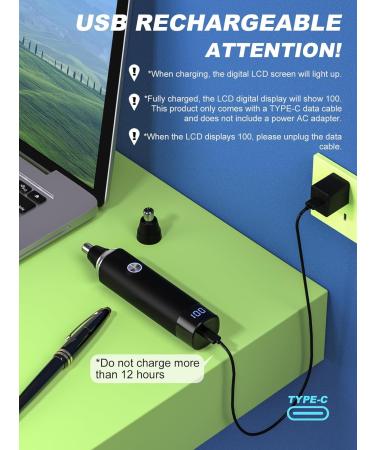 Professional Ear & Nose Hair Trimmer with LED Display - USB Rechargeable Painless & Waterproof for Men & Women - Dual Edge Blades Perfect for Eyebrow & Facial Hair (Black - Buy Online on GoSupps.com