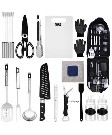 Camp Kitchen Cooking Utensil Set 20 Piece Portable Outdoor Cooking and Grilling Stainless Steel Utensils Camping Cooking Accessories Organizer Travel Cookware Set for Backpacking BBQ Travel RV Black