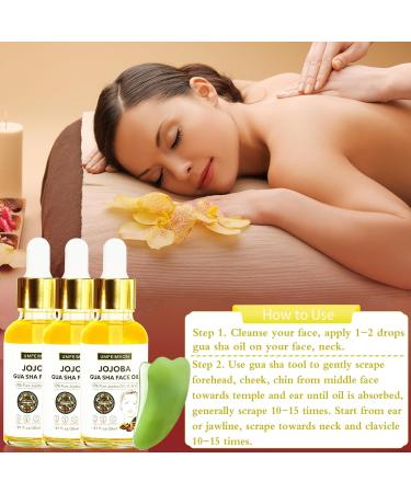 3 Pack Gua Sha Facial Oil Set - 99% Organic Jojoba Cold Pressed Vitamin E & C for Face Hair & Nails | Scented Massage Oil with Gua Sha Tool - Buy Online on GoSupps.com