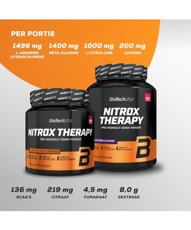 BioTechUSA Nitrox Therapy With vitamin B6 magnesium and caffeine 16 active ingredients Glutenfree lactosefree 340 g Blue grape Blue grape 340 g - Buy Online on GoSupps.com