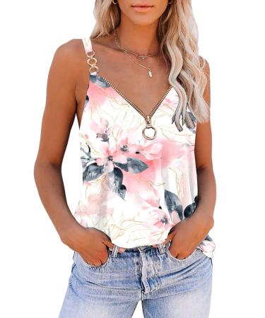 SAUKOLE Summer Tank Tops for Women V Neck Womens Fashion Sleeveless Top Loose Fit Casual Stripe Shirts Blouse Lace White Medium