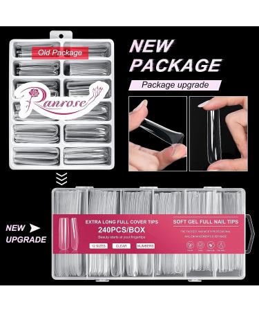 Ranrose 240PCS XXXL Long Square Acrylic Nail Tips - Clear Full Cover Straight Tapered Square Nails - 3XL Long Square Tips - Buy Online on GoSupps.com