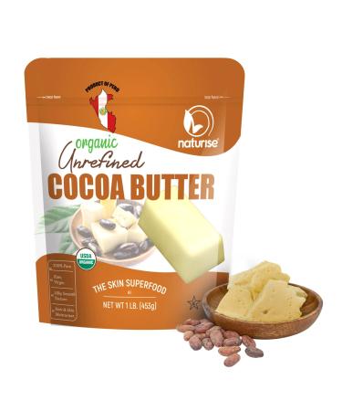 Naturise Cocoa Butter Raw Organic | Unrefined Cocoa Butter from Peru for Hair & Skin Moisturizer or DIY Cocoa Butter Lip Balm & Body Butter for Women | Organic No Artificial Fillers or GMOs | 1lb