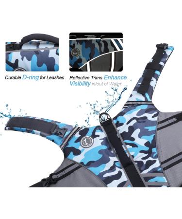 Vivaglory Camo Blue Dog Life Jacket - Durable Adjustable Floatation for Large Dogs (Chest 66-79 cm) - Excellent Buoyancy & Safe Fastening System - Buy Online on GoSupps.com