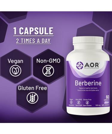 AOR - Berberine 500mg 60 Caps - Berberine Supplement for Healthy Lipid Levels and Cholesterol Health - LDL Cholesterol Lowering Supplement - Lower Triglycerides Supplement - Cardiovascular Supplement - Buy Online on GoSupps.com
