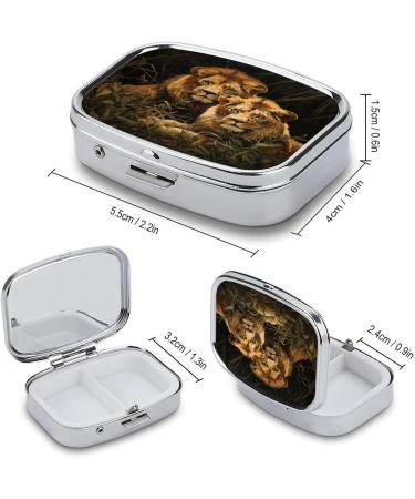 Stylish Two Lions Print Pill Box - 2 Compartment Medicine Organizer | Decorative Metal Portable Pill Case for Pocket & Purse - Buy Online on GoSupps.com