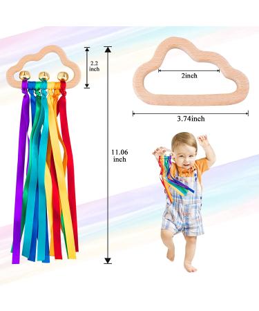Baby Sensory Ribbon Ring Toys - Set of 2 | Rainbow Rattle & Natural Wooden Teether for 6-12 Month Babies | Montessori Sensory Toy - Buy Online on GoSupps.com