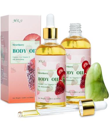 MR.A 2 Pack Strawberry Body Oil Juice Scented Vitamin E Body Oil after Shower Strawberry Shortcake Body Moisturizer Bath Oil for Dry Skin Guasha Oil with Guasha Tool