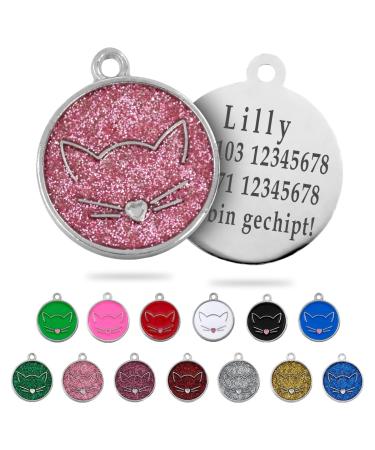 Ibera Gifts - Personalized cat brand for medium to large cats in round shape with cat with engraving names collar brand address trailer cat necklace (pink glitter)