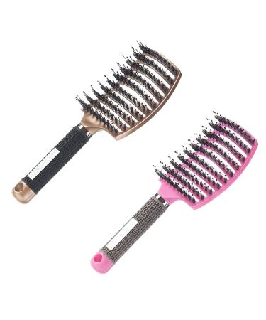 Voremy Magical Brush Detangler, Detangling Brush, Curved and Vented for Wet or Dry Detangling Hair Brush for Men, Women & Kids’ Long, Thick, Thin, Curly & Tangled Hair (Pink+Gold)