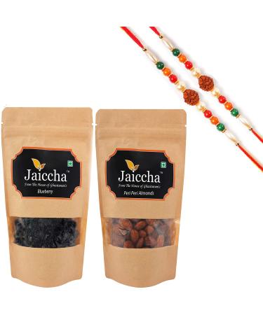 Jaiccha Ghasitaram Rakhi Gifts for Brothers Rakhi Dryfruits - Blueberry 100 GMS and Peri Peri Almonds 100 GMS Pouch with 2 Rudraksh Rakhis