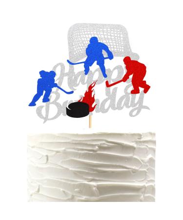 Arthsdite 1Pc Ice Hockey Cake Topper Happy Birthday Sign Sport Cake Decorations Puck Theme for Kids Girl Boy Man Women Birthday Party Supplies - Sliver Glitter Silver