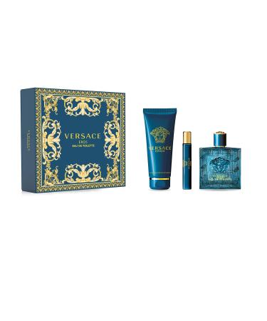Versace Eros Men's 3 Pcs Gift Set: 3.4 Ounce EDT + 5 Ounce Versace Shower Gel + Mini Eros 0.33 Ounce - Hard Box