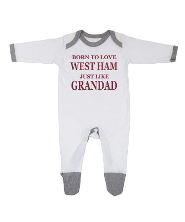 'Born To Love West Ham Just Like Grandad' Baby Boy Girl Sleepsuit Designed and Printed in the UK Using 100% Fine Combed Cotton 12-18 Months White/Grey Trim