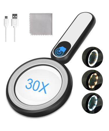 Arsir Rechargeable Magnifying Glass with Light, 30X 4.7IN Handheld Large Lightweight Lighted Magnify Lens 21 LED 3 Modes Illuminated Book Magnifier for Kids,Seniors,Reading,Inspection,Coin,Jewelry Black+white