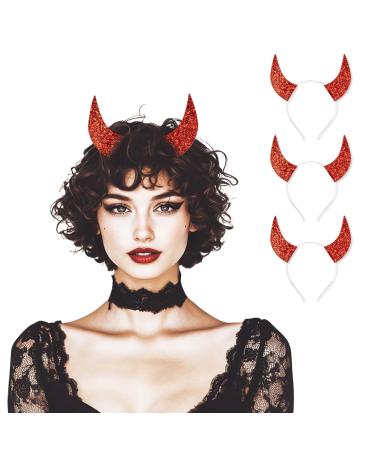 Byhoo Glitter Devil Horns Headbands Halloween Fancy Decoration Cosplay Hairband Red Devil Horns for Women Men Girls and Kids