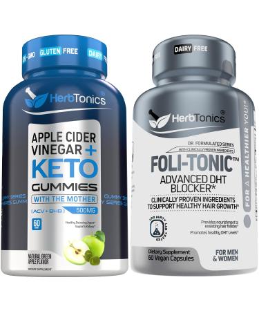 Herbtonics ACV Keto Gummies with The Mother & Keto BHB | Apple Cider Vinegar Gummies - Korean Red Panax Ginseng 1500mg - Foli-Tonic DHT Blocker & Hair Loss Supplement | Hair Thinning Treatment