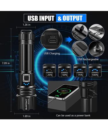 Sunitact Flashlights High Lumens, Rechargeable Flashlights Led 20000 Lumen XHP70.2, Super Bright Flash Light, High Powered Handheld Flashlights for Emergency Camping Gift, IP67 Waterproof, Zoomable Black - Buy Online on GoSupps.com