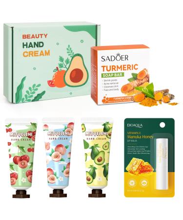 Mini Hand Cream Gift Set for Women: 3 Fruity Hand Cream Organic Turmeric Soap Honey Lip Balm Travel Hand Lotion for Dry Cracked Hands Moisturizing Hand Cream Bulk Gift Set for Women Birthday Christmas
