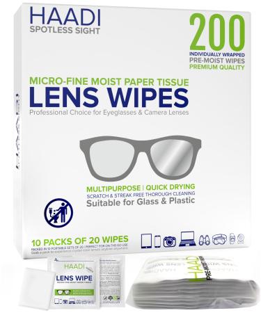 Glasses Cleaner Wipes 200 Individually Wrapped Lens Wipes Multipurpose Suitable for Spectacle Lenses Cameras Binoculars Mirrors Screens Optical and Electronic Devices